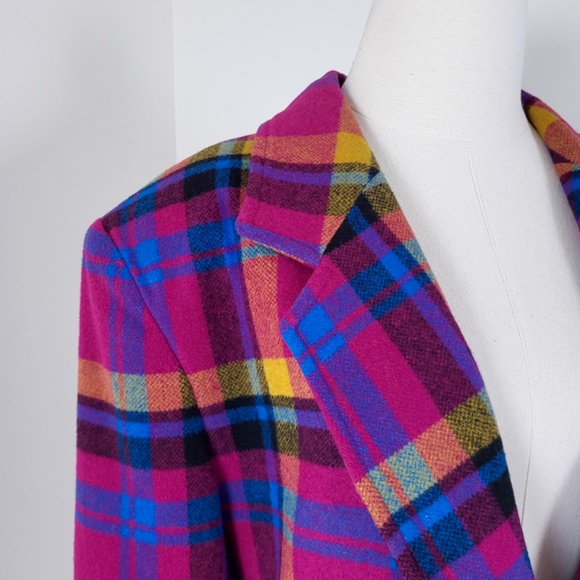 Vintage plaid blazer colourful multi-coloured bright structured shoulder pads - Picture 13 of 14